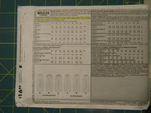 McCall's Pattern M5239 Misses' Pants 3 styles sizes 8-14 NEW