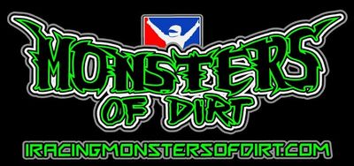 Logo for Monsters of Dirt with a racing figure and website URL.