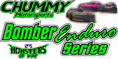 Logo for Chummy Motorsports Bomber Enduro Series with dirt track racing cars.