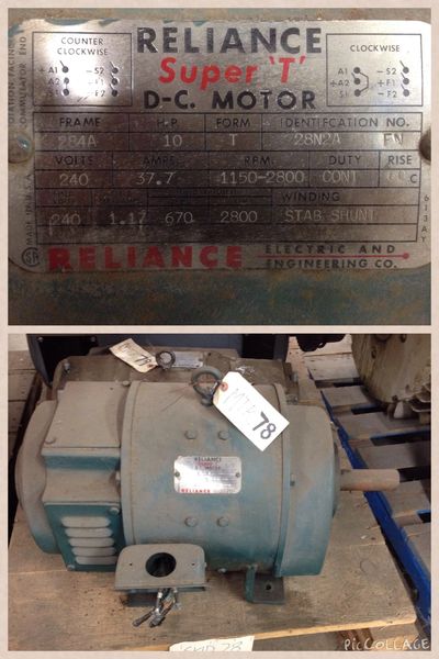 Used Electric Motor 10HP 240V 284A RELIANCE 28N2A D.C MOTOR