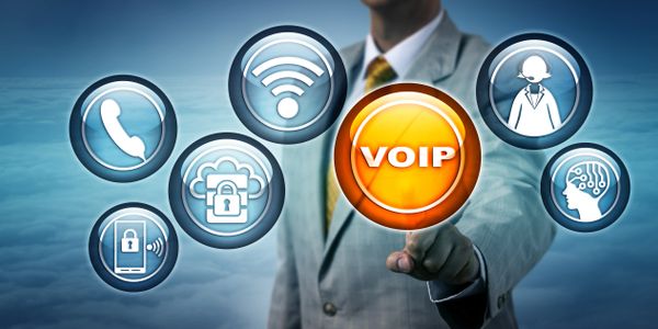 Man touching the VOIP button, with options of other cloud services.