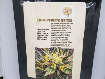 CBD TEA available known as Muscle Recovery Hemp Tea 300mg 15 to 20mg cbd each serving 