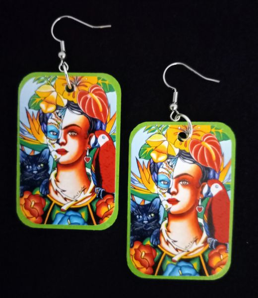 Frida with cat and parrot earrings