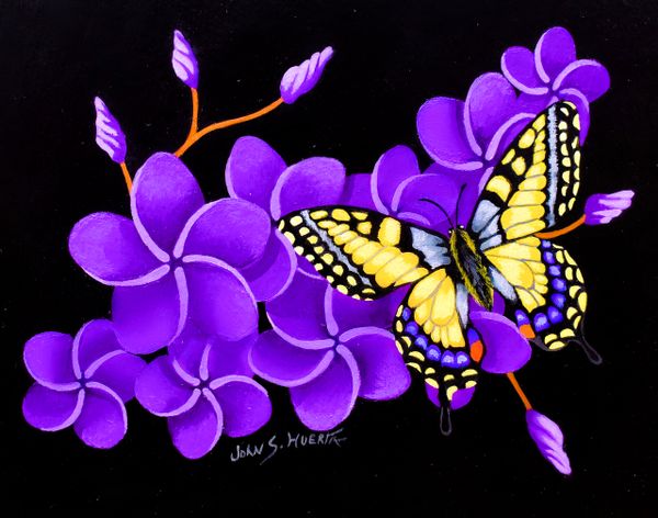 Purple Plumeria with Swallowtail Butterfly
