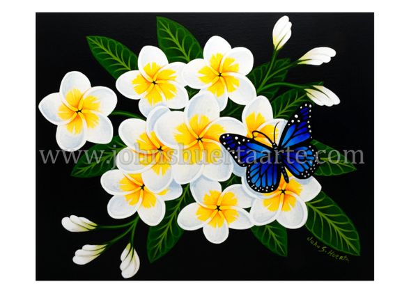 White Plumeria with blue butterfly art greeting card