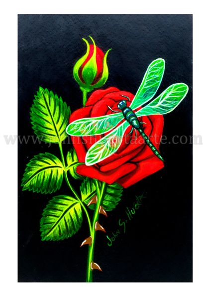 Red Rose with Dragonfly art greeting card