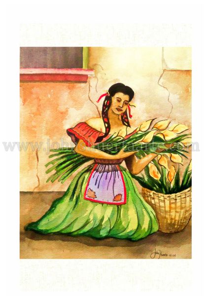 Mexican Woman with basket of calla lilies art greeting card