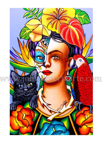 Frida with car and parrot art greeting card