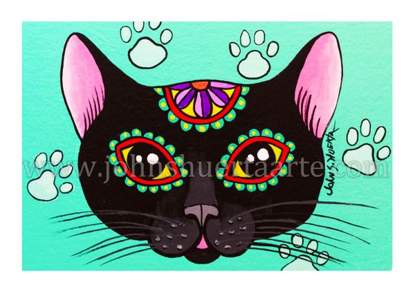 Cat Black dia de los muertos art greeting card