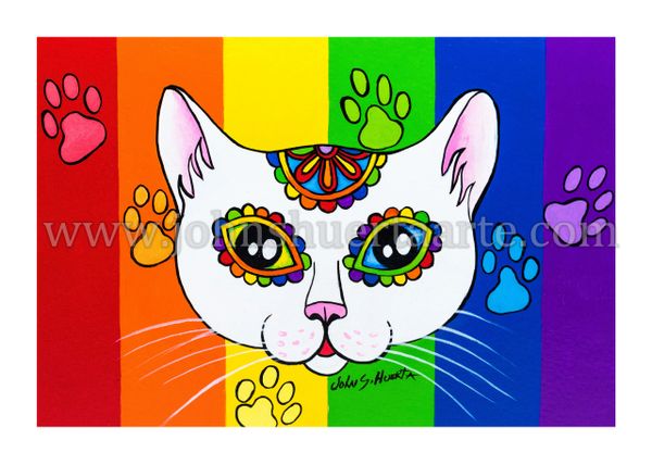 Cat White Rainbow dia de los muertos art greeting card