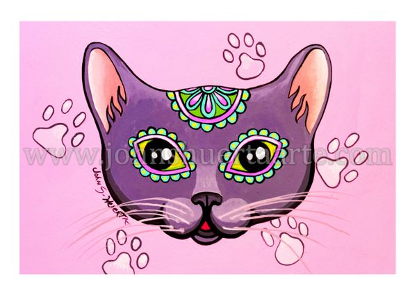 Cat Gray dia de los muertos art greeting card