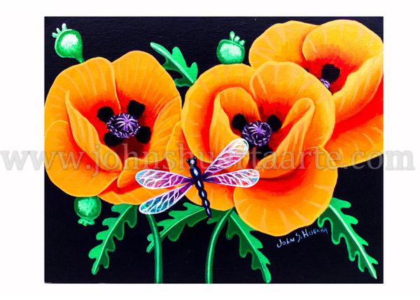 California Poppies and dragonfly II art greeting card