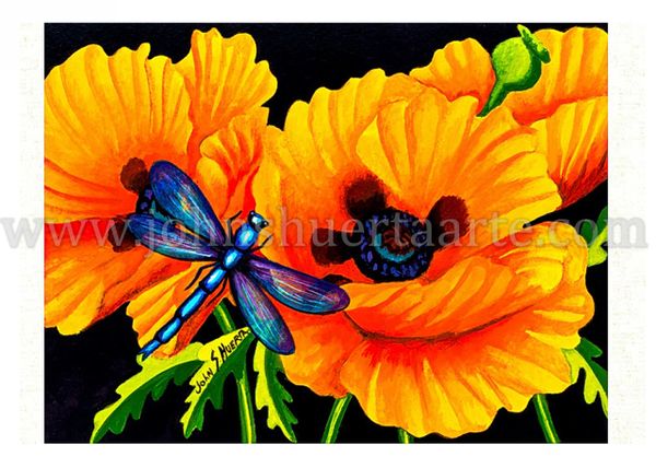 California poppies annd dragonfly I art greeting card