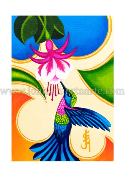 Hummingbird with Fuschia art greeting card