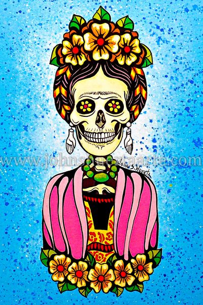 Frida with pink shawl art greeting card