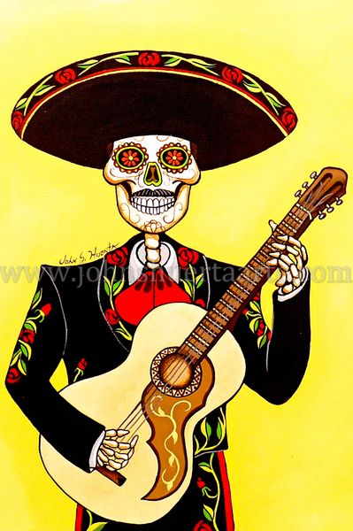 Sugarskull Mariachi guitar player art greeting cards