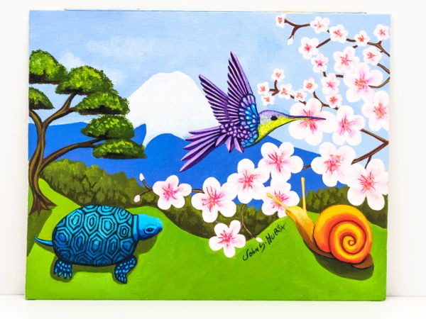 Hummingbird, Snail, turtle and Mount Fuji