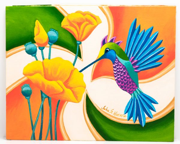 Hummingbird with California Poppies