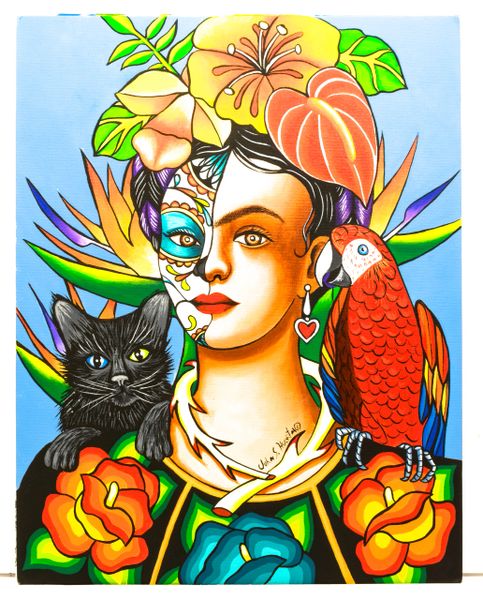 Frida with cat and parrot