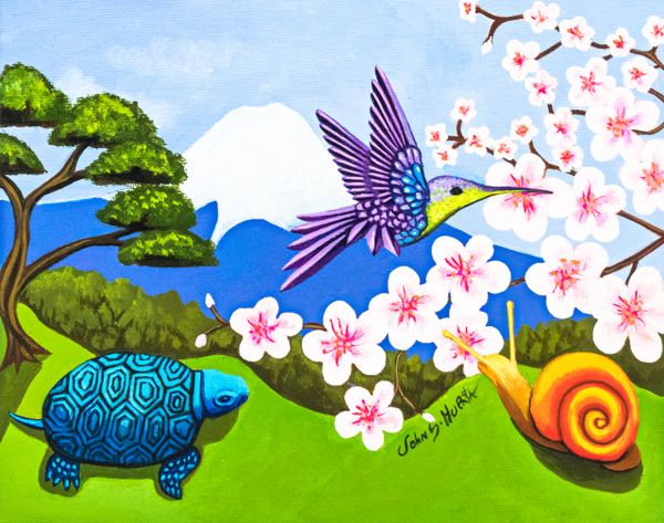 Mount Fiji with Hummingbird, Turtle and snail