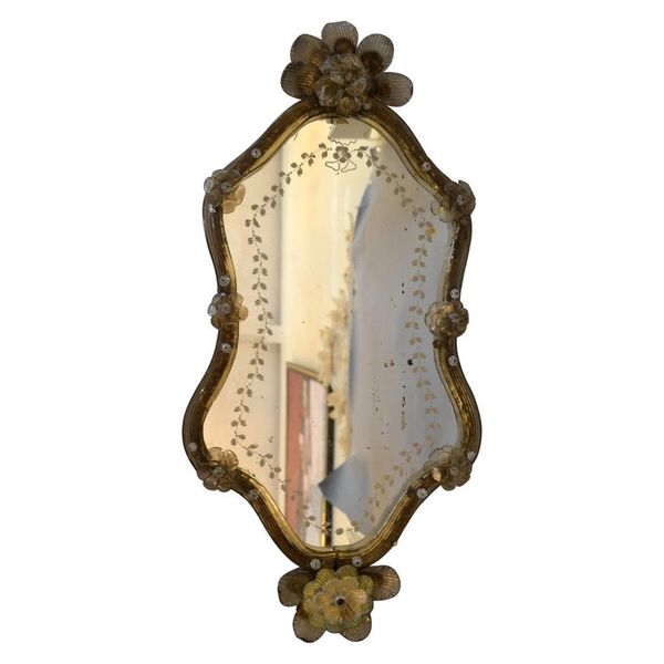 Mid-Century Modern Murano Gold Glass Ornate & Etched Venetian Wall Mirror, Italy