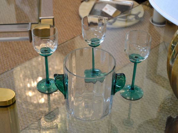Vintage Icet Arte Murano Clear & Green Wine Glasses with Wine Cooler - Set of 4