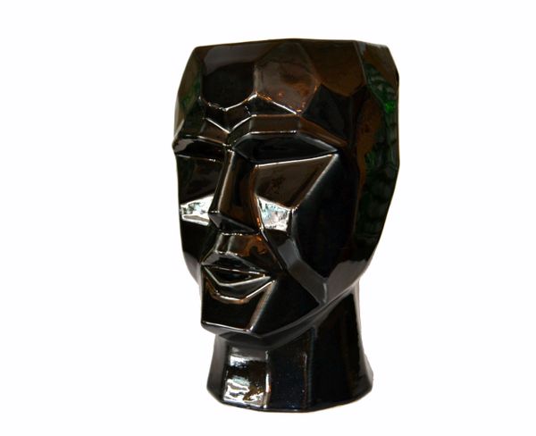 Mid-Century Modern Black & White Cubist Head Glazed Ceramic Vase