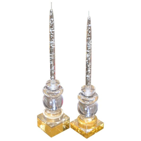 Modern Clear & Gold Turned Acrylic Candle Holders, Candlesticks a Pair
