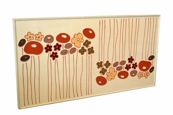 Mid-Century Modern Framed Rectangular Beige Enamel Flower Wall Art