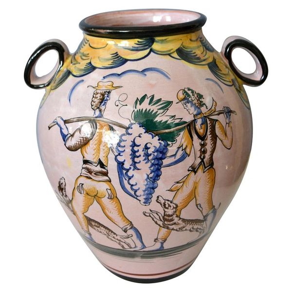 Italian Mid-Century Modern Hand Painted Terracotta Vase, Vessel With Handles