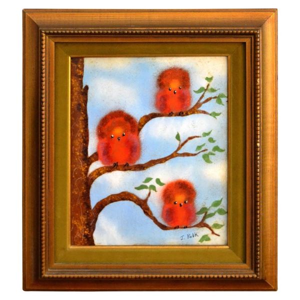 Framed Realism Enamel Painting on Copper by J. Polk Three Birds Sitting on Tree