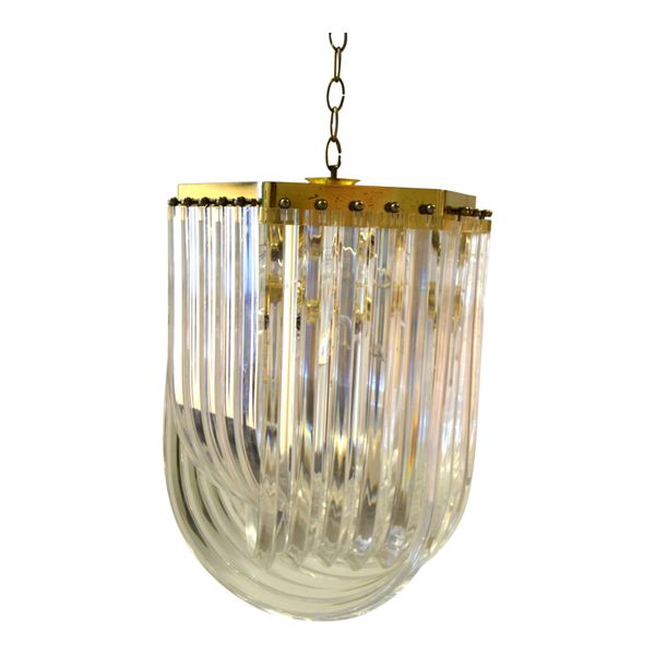 Mid-Century Modern Lucite and Brass Ribbon Chandelier with Canopy