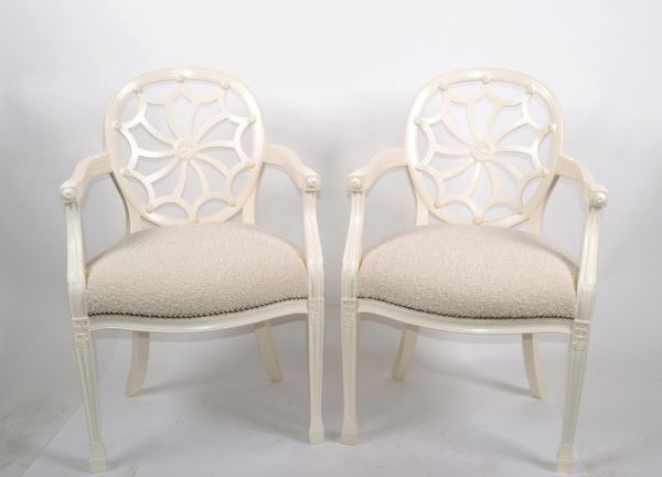 Pair of Hollywood Regency Off White Wooden Ornate Armchairs Beige Bouclé Fabric