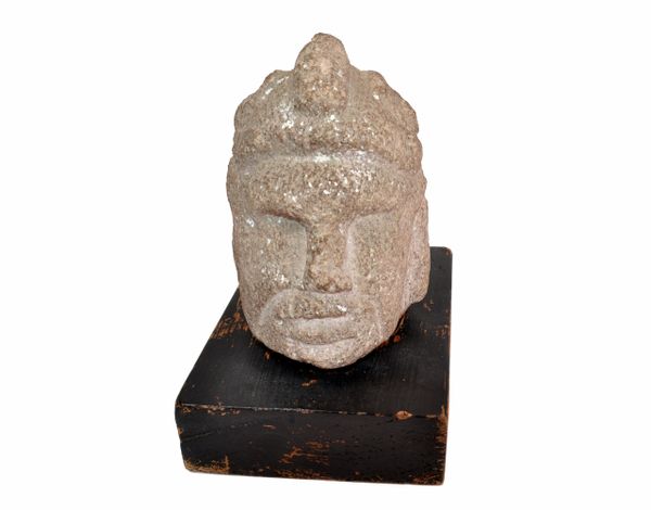 Antique Hand Sculpted Stone Head Sculpture On Formfit Hand Carved Wooden Base