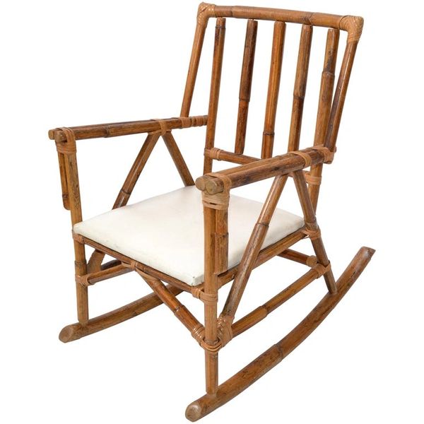 Mid-Century Modern Boho Style Bamboo & Vinyl Children Rocking Chair