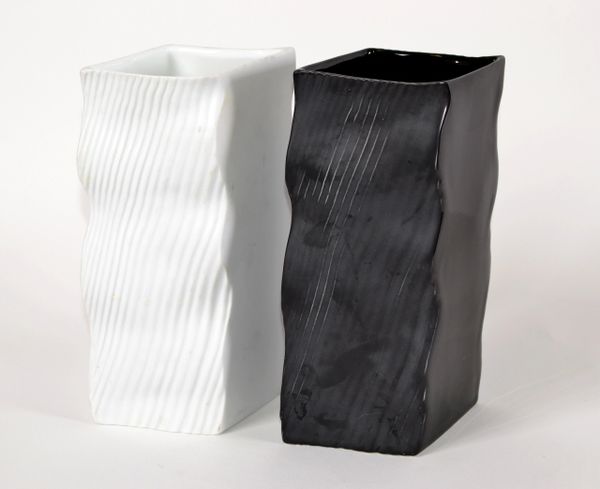 Mikasa Japan Ceramic Black & White Vases Wave Mid-Century Modern - Set of 2