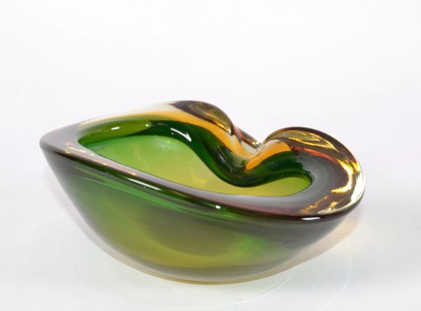 Italian Blown Murano Glass Green & Amber Oval Shaped Catchall, Bowl, Ashtray