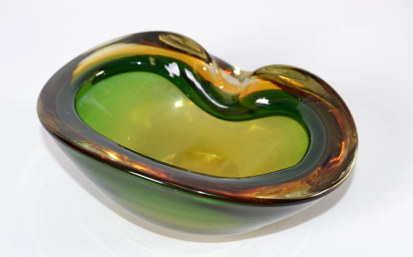 Italian Blown Murano Glass Green & Amber Oval Shaped Catchall