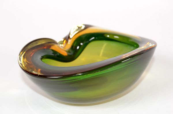 Italian Blown Murano Glass Green & Amber Oval Shaped Catchall