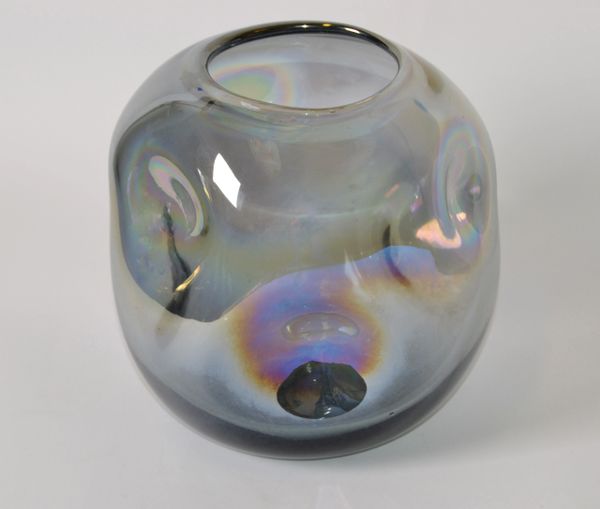 Blown Smoked Glass Vase Mid-Century Modern with Mirror Coating & Round Indents