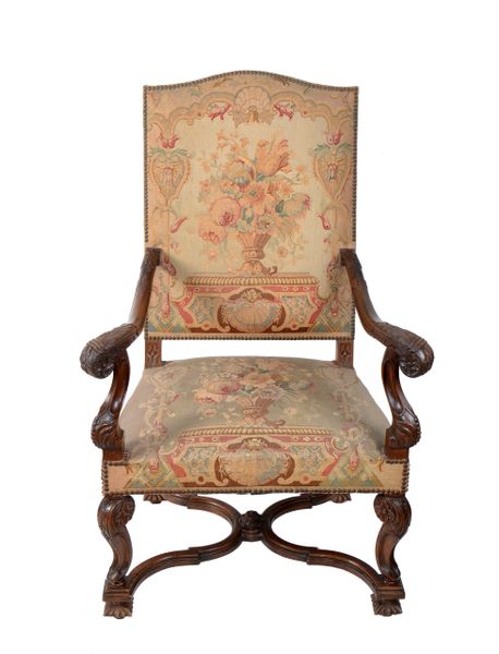 17th Century Hand-Carved Walnut Wood Armchair Needlepoint Upholstery Cross Base