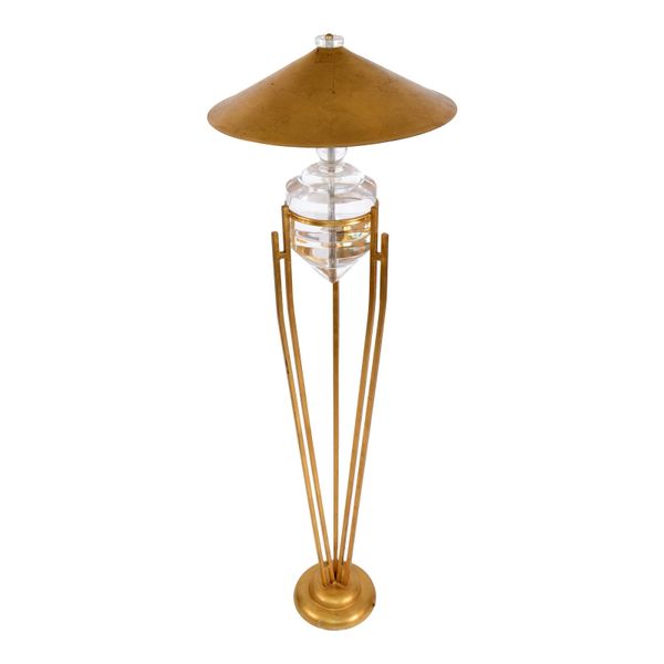 Art Deco Style Brass, Metal and Stacked Lucite Module Floor Lamp Golden  Shade