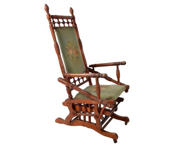 Antique Rocking Chair Hand Carved & Turned Walnut Wood Needlepoint Upholstery