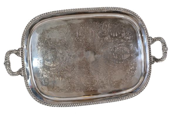 Old English Silver Plate Ornate Rectangular Footed Serving Tray with Handles