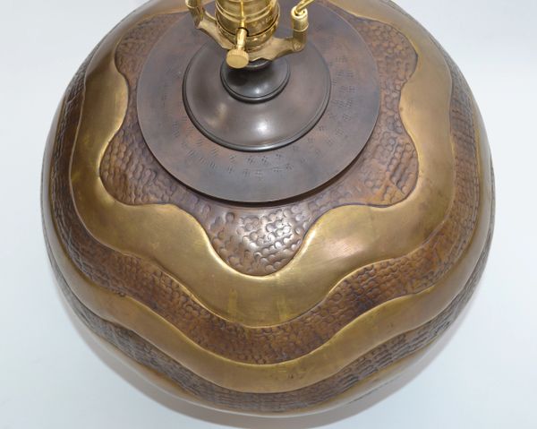 Mid-Century Modern Round Hammered Brass, Copper & Bronze Lamp