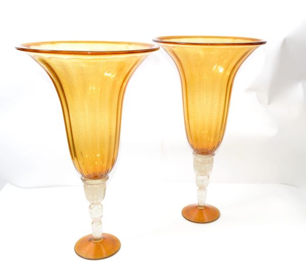 Amber & Clear Infused Gold Dust Venetian Blown Murano Art Glass Flower Vases - 2