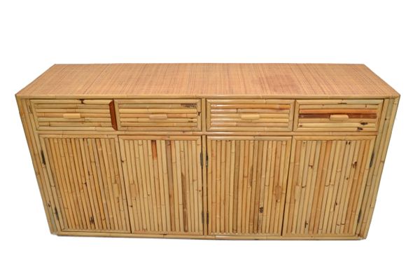 Chinoiserie Asian Modern Bamboo & Hand Woven Cane Top Dresser, Credenza 1970s