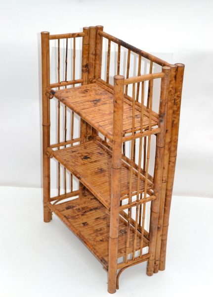 Bohemian Mid-Century Modern Handcrafted Bamboo & Cane 3 Tier Folding Shelves
