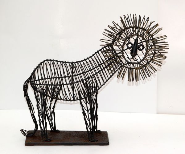 Fine Art Mid-Century Modern Black Wire Lion Table Sculpture, Animal Sculpture