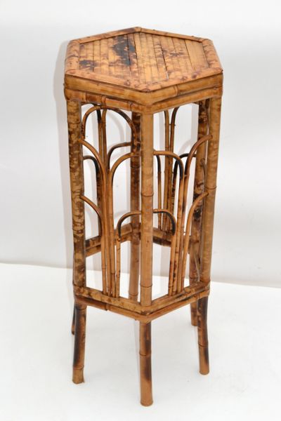 Vintage Chinoiserie Octagonal Shaped Rattan & Bamboo Plant Stand